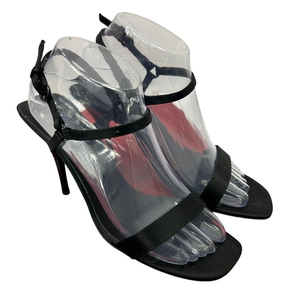 Vintage 90s Via Spiga Heels 7.5M Black Satin Strappy Square Toe Made In Italy